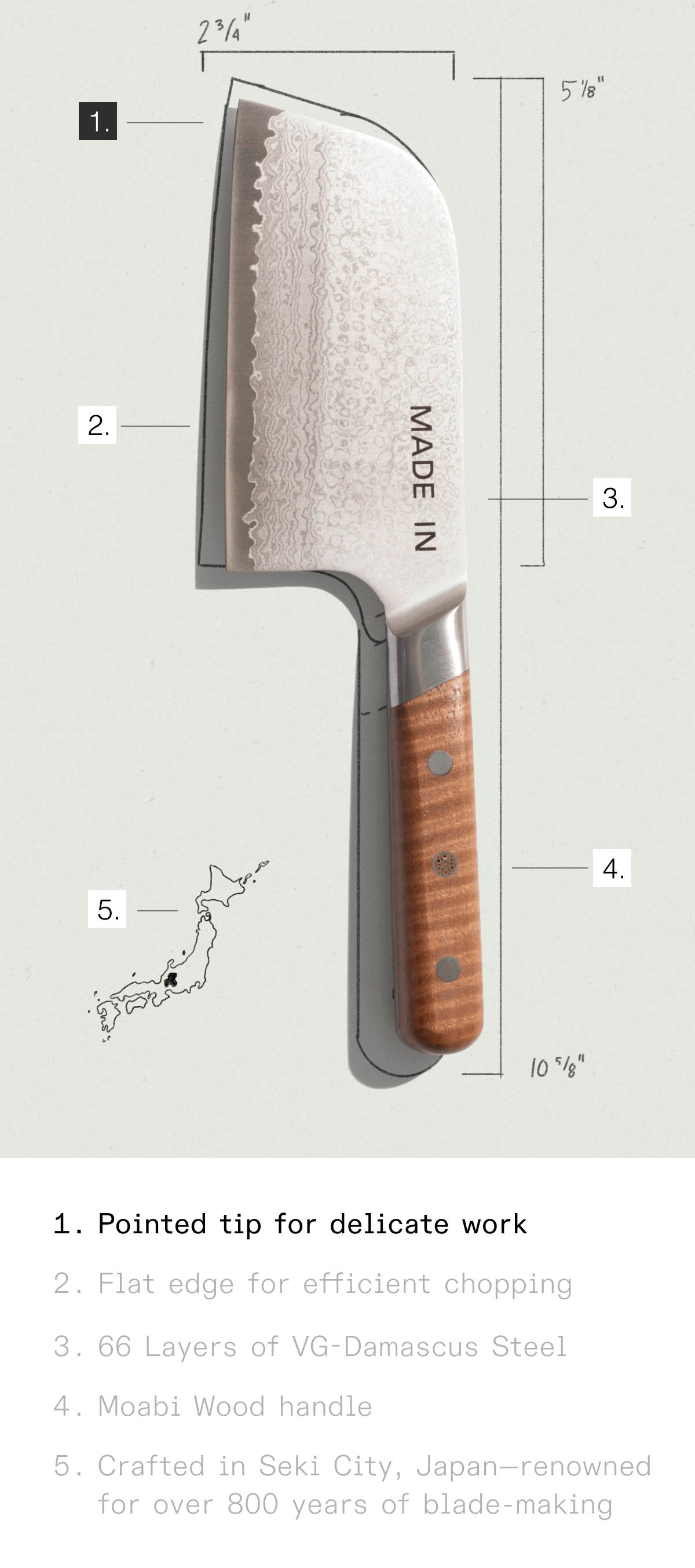 Flat Edge for Chopping VG-10 Damascus Steel Moabi Wood Handle Made In Seki City, Japan