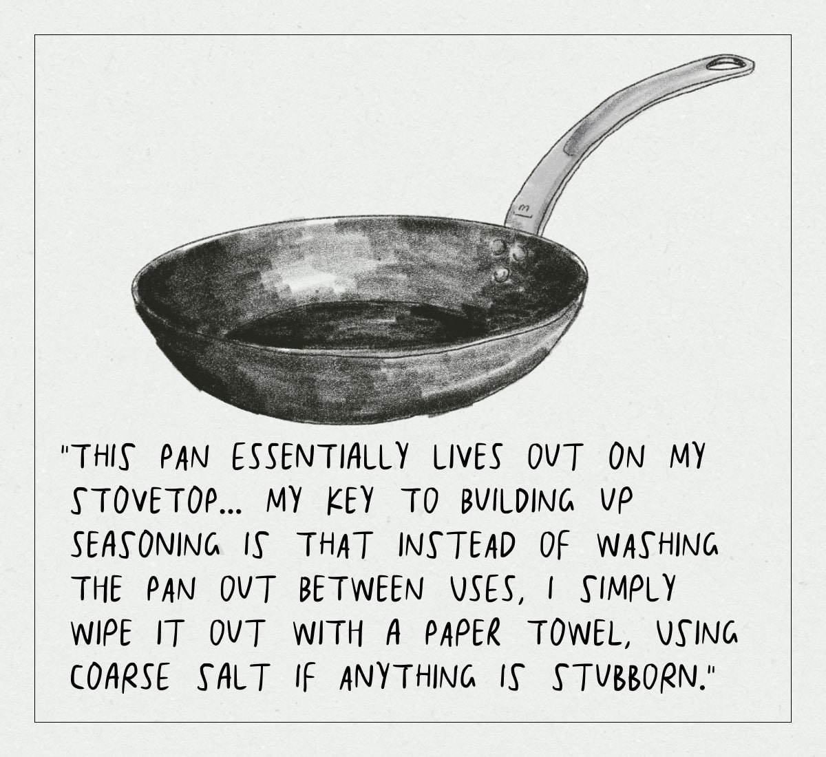 “This pan essentially lives out on my stovetop... My key to building up seasoning is that instead of washing the pan out between uses, I simply wipe it out with a paper towel, using coarse salt if anything is stubborn.”