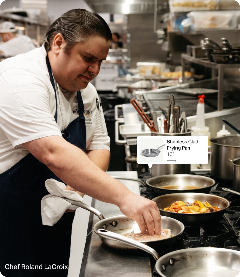 Chef Roland LaCroix cooking chicken in a Made In Stainless Clad Frying Pan