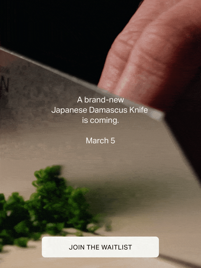 an image of a black phone with a text that reads, a brand - new Japanese Damascus knife shape is coming. -- March 1-- JOIN THE WAITLIST