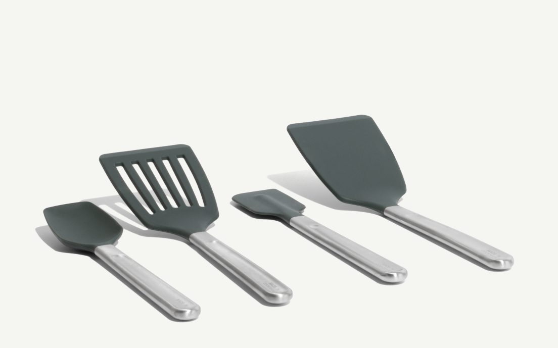 Four Non Stick Utensils: flat spoonula, spoonula, slotted spatula and flat spatula with stainless handles