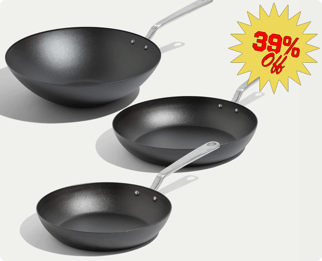 SEASONED CARBON STEEL FRYING PAN AND WOK SET. 25% OFF