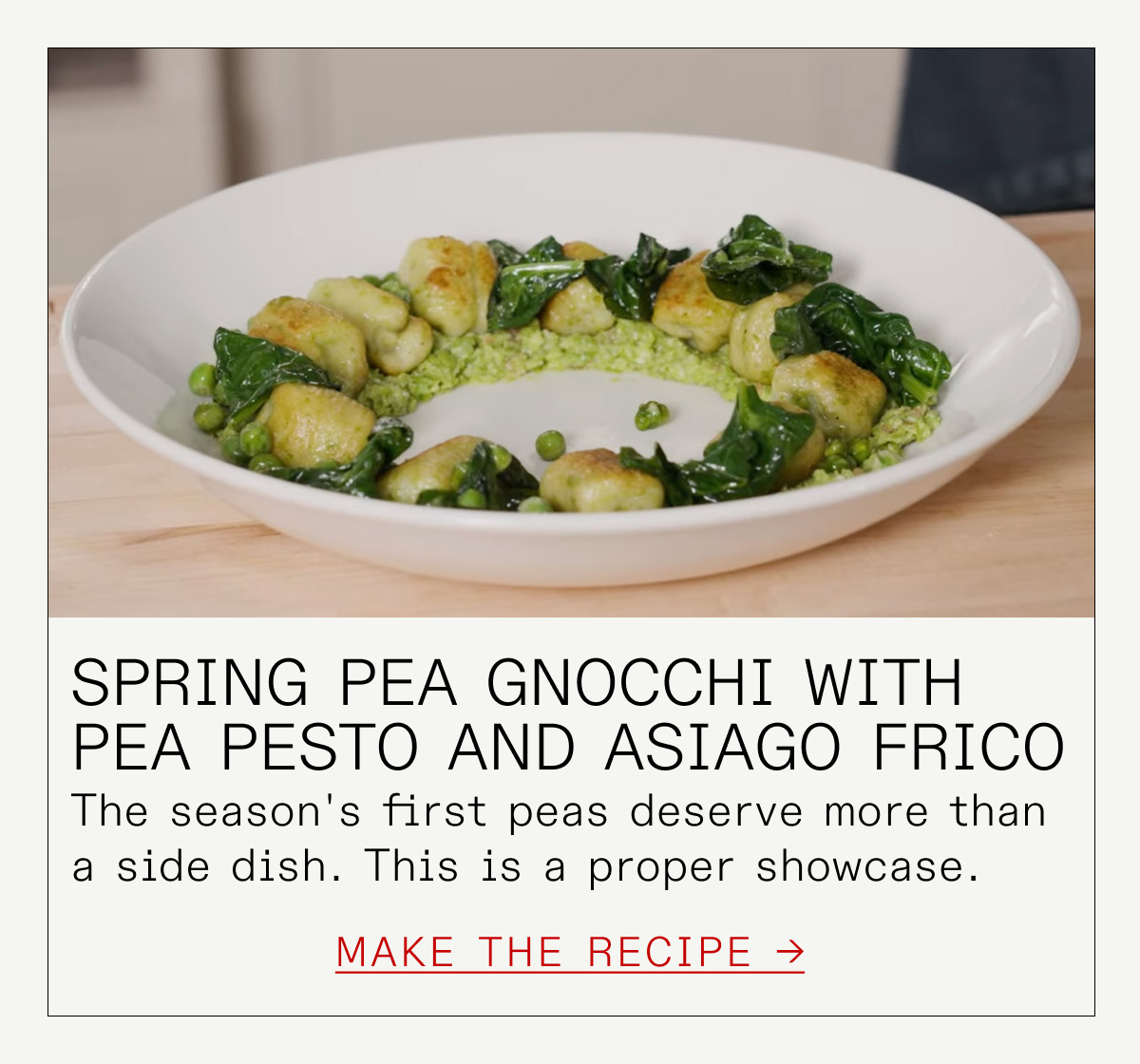 Spring Pea Gnocchi with Pea Pesto and Asiago Frico -- The season's first peas deserve more than a side dish. This is a proper showcase.