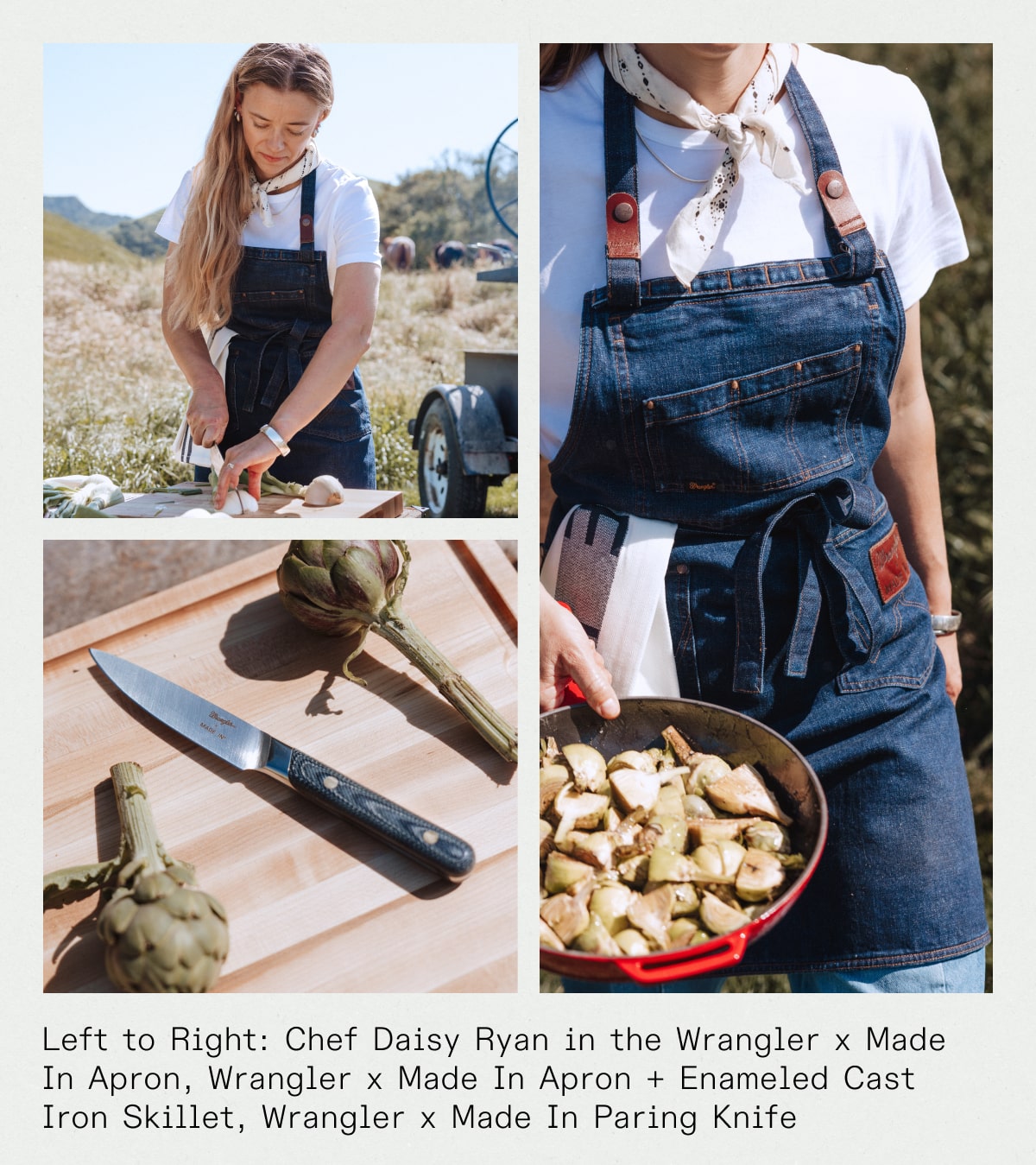 Left to Right: Chef Daisy Ryan in the Wrangler x Made In Apron, Wrangler x Made In Apron + Enameled Cast Iron Skillet, Wrangler x Made In Paring Knife