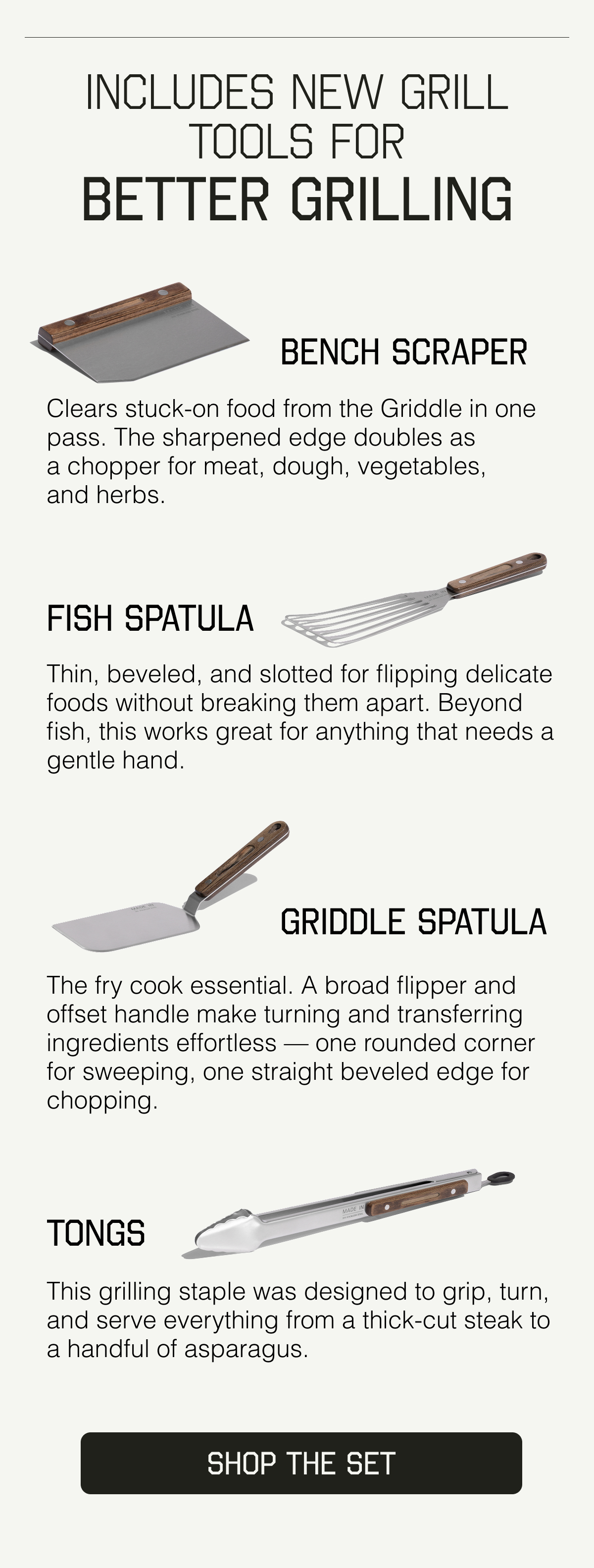 Four Tools Designed For Better Grilling - Bench Scraper, Fish Spatula, Griddle Spatula, Tongs - Upgrade Your Grill Game