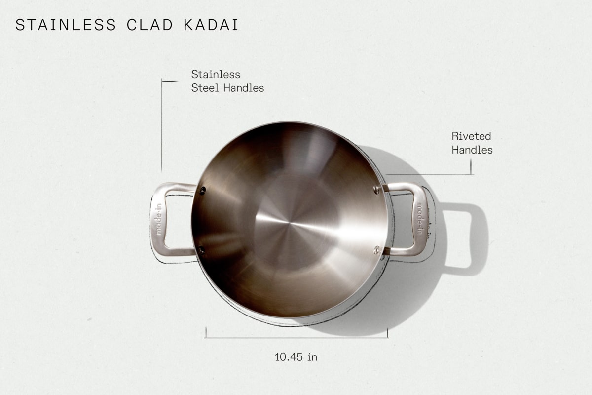 STAINLESS CLAD KADAI - Stainless Steel Handles, 10.45 in, Riveted Handles