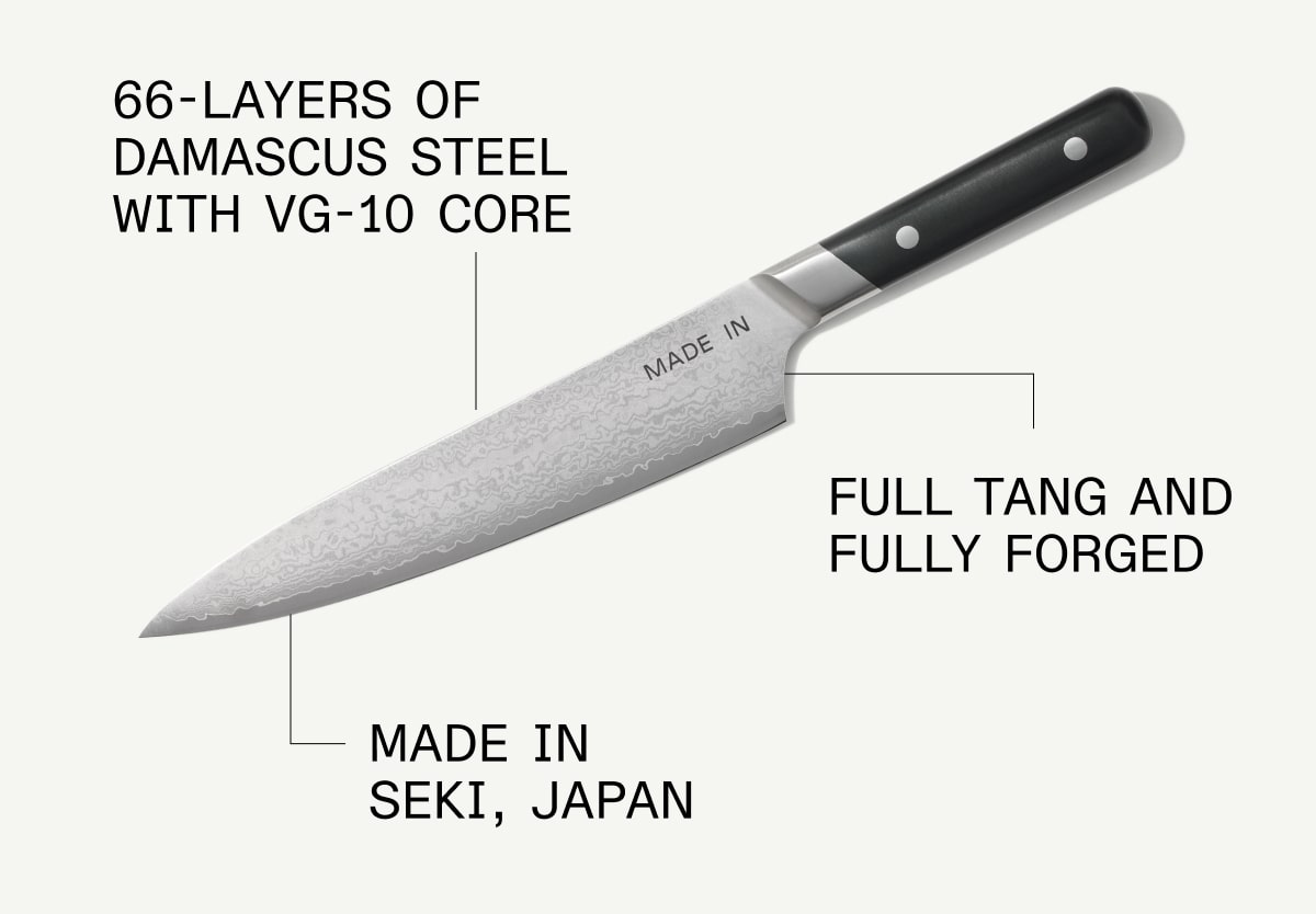 66-Layers of Damascus Steel with VG-10 core. Full Tang and Fully Forged. Made in Seki, Japan.