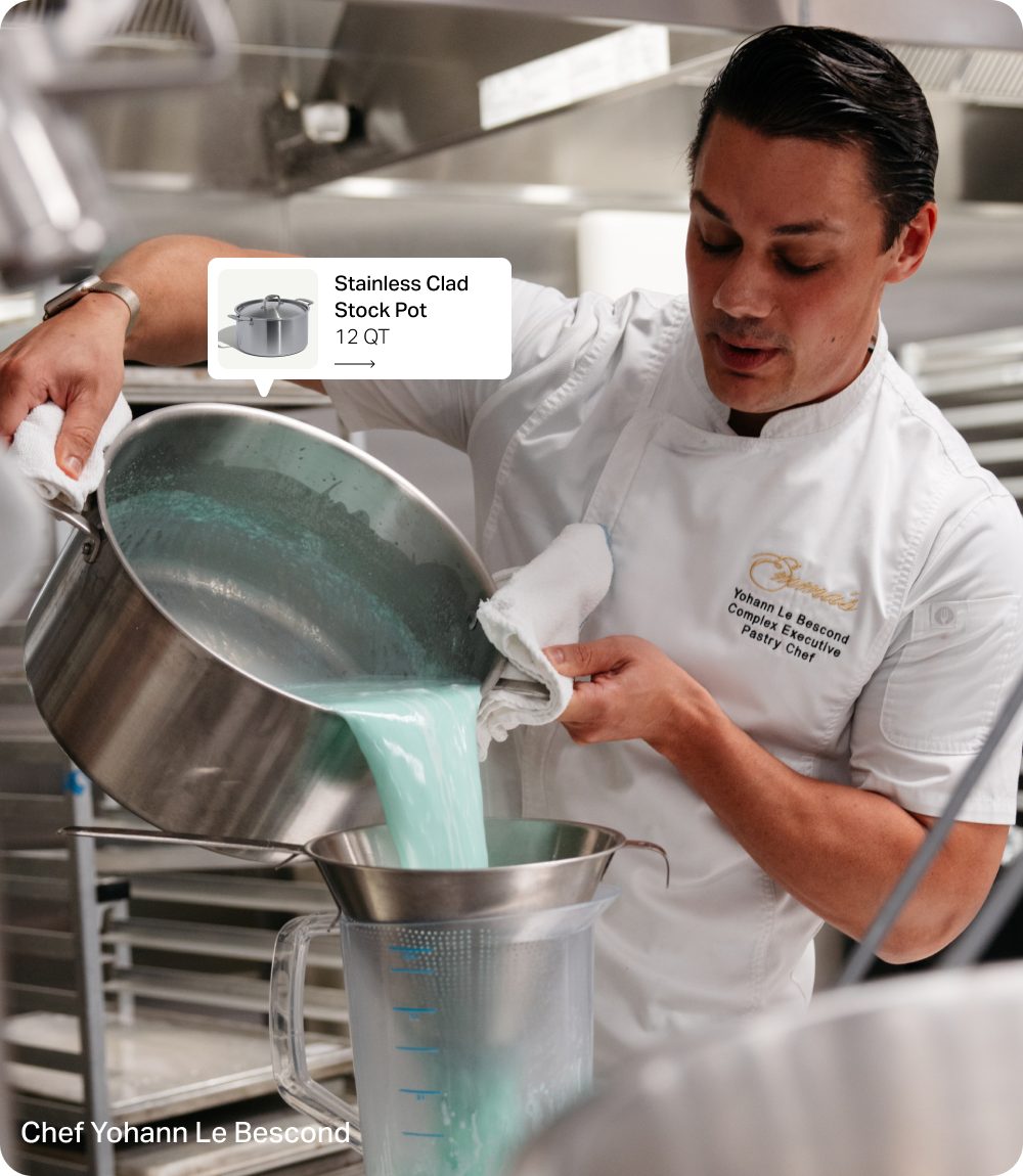 Chef Yohann Le Bescond pouring mint chocolate chip gelato from a Made In Stainless Clad Stock Pot