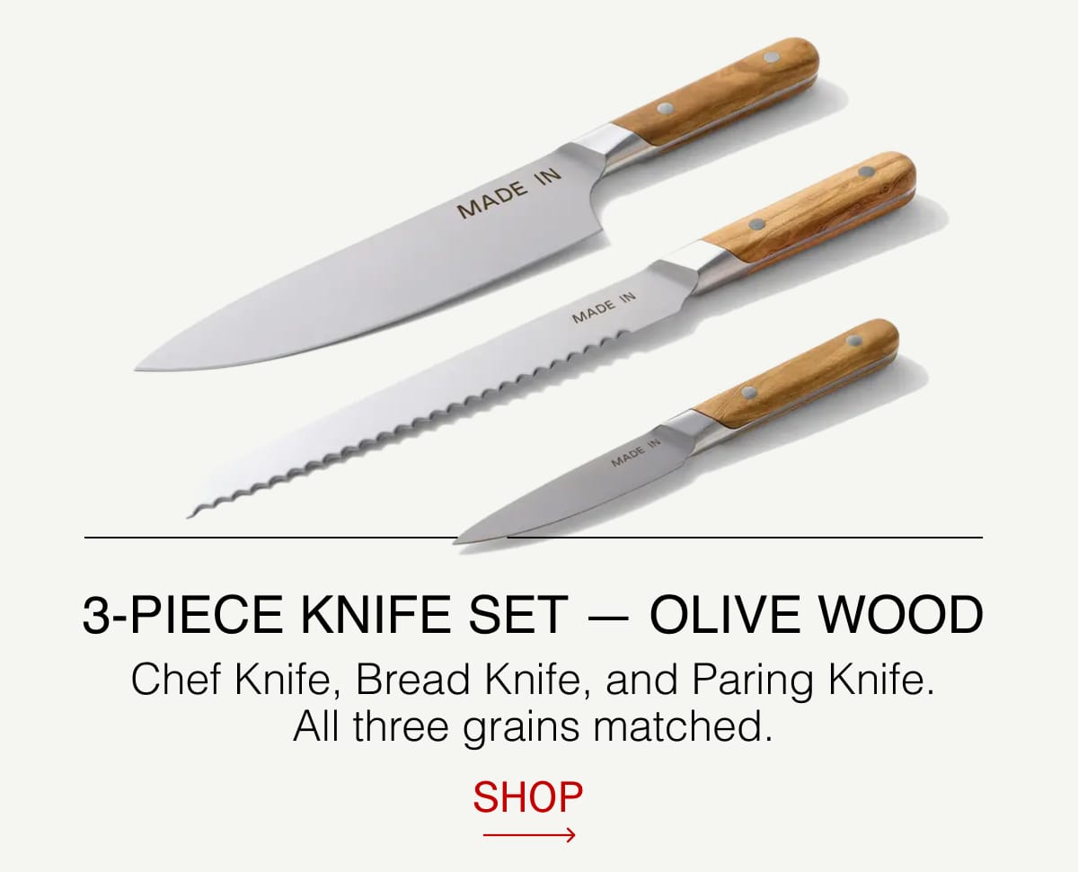 3-Piece Knife Set — Olive Wood | Chef Knife, Bread Knife, and Paring Knife. All three grains matched. SHOP