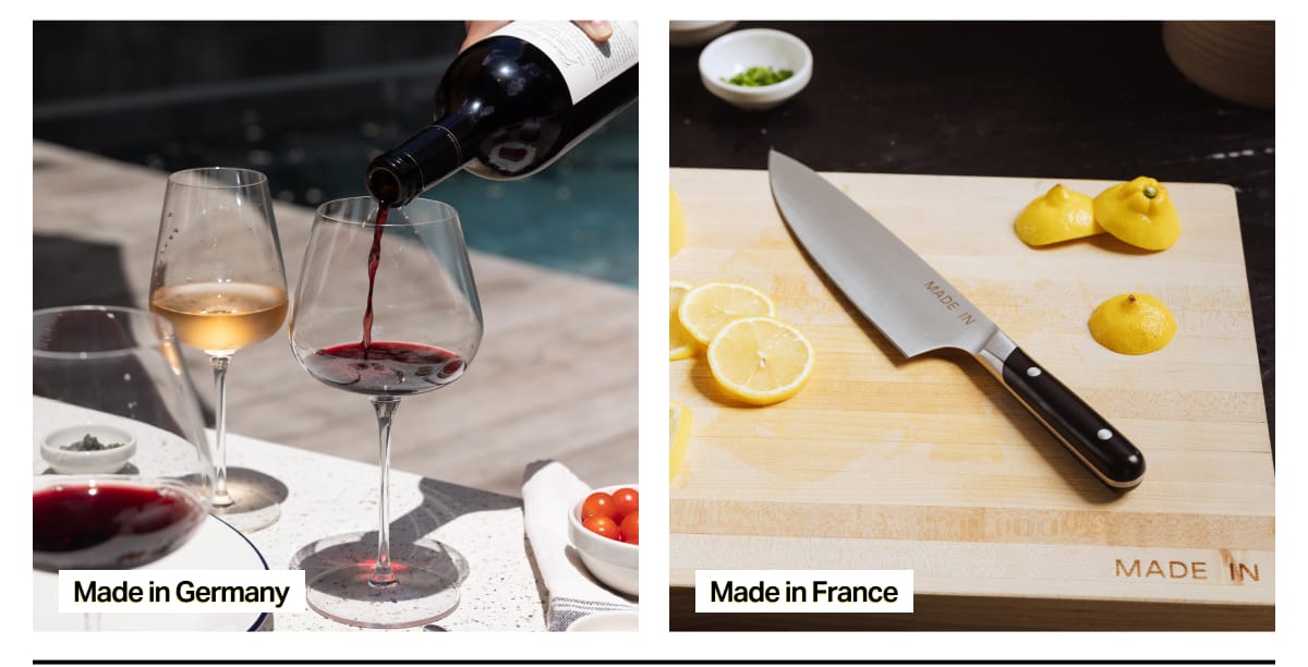 Made in Germany. Image of wine glasses. Made in France. Image of knife on cutting board