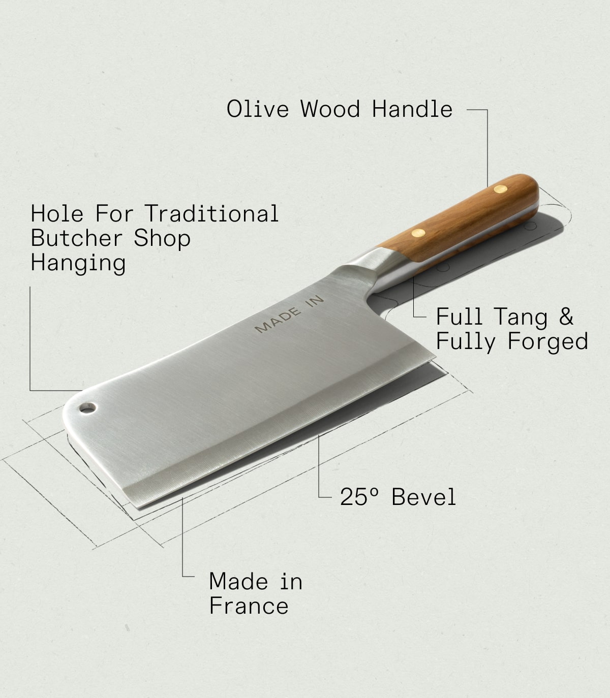 Olive Wood Handle - Full Tang & Fully Forged - Hole for Traditional Butcher Shop Hanging - 25 degree Bevel - Made in France Olive Wood Handle - Full Tang & Fully Forged - Hole for Traditional Butcher Shop Hanging - 25 degree Bevel - Made in France