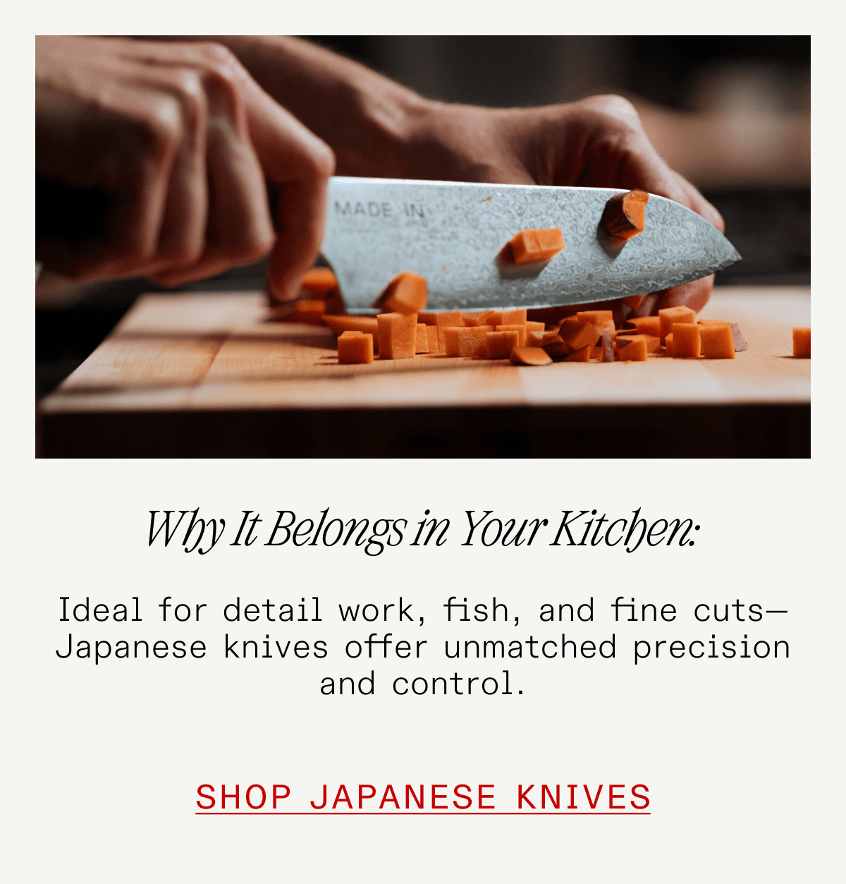 Why It Belongs in Your Kitchen: Ideal for detail work, fish, and fine cuts—Japanese knives offer unmatched precision and control. Shop Japanese Knives Why It Belongs in Your Kitchen: Ideal for detail work, fish, and fine cuts—Japanese knives offer unmatched precision and control. Shop Japanese Knives