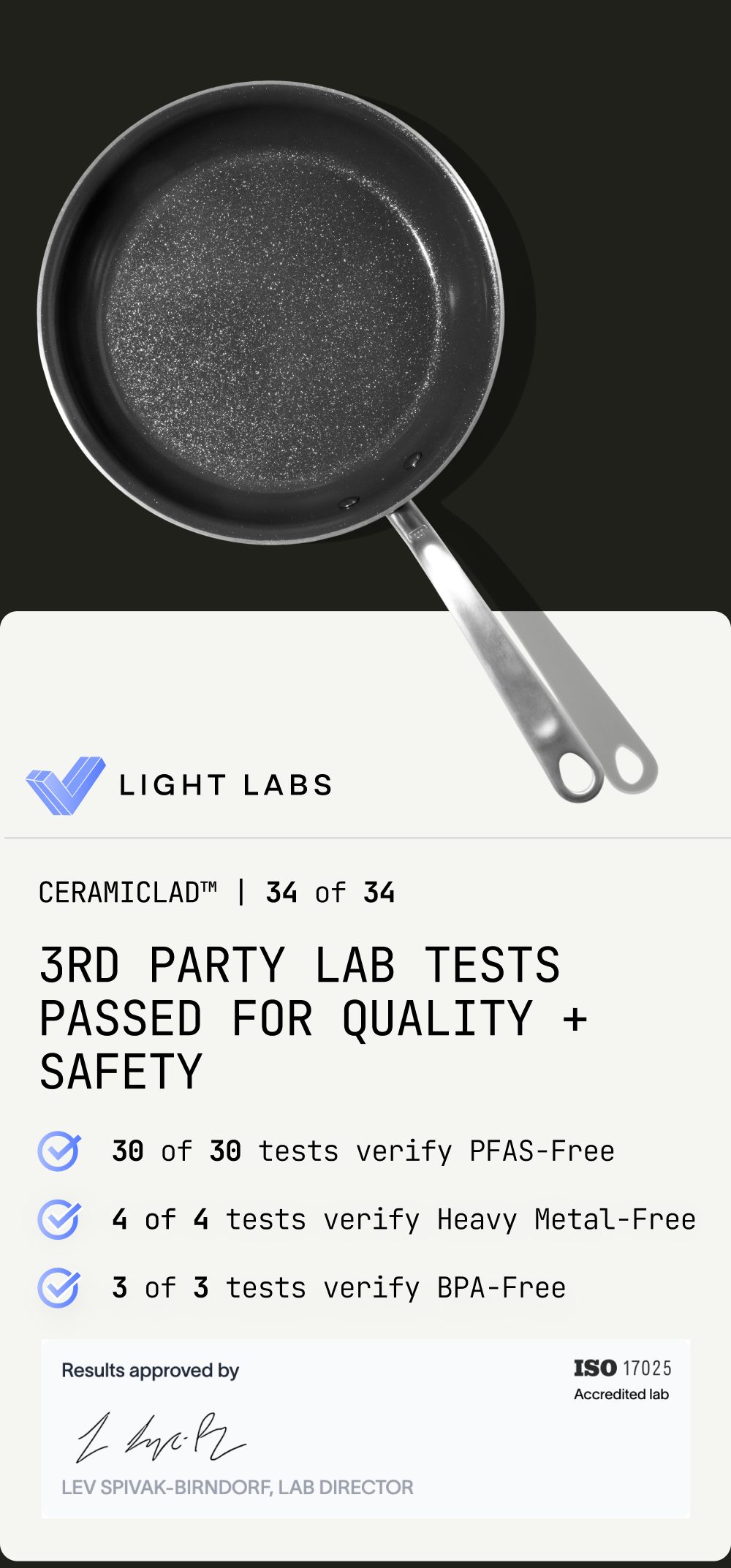 Overhead CeramiClad pan with Light Labs third-party lab test results: 34 of 34 tests passed for quality and safety