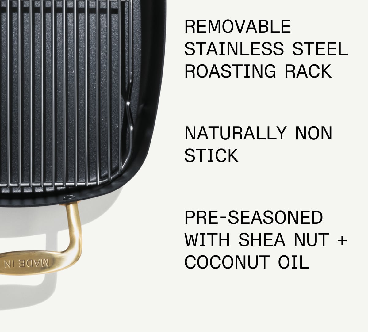 crafted In Sweden Oven Safe to 1200F 100% Brass Handles removable stainless steel  roasting rack Naturally Non Stick Pre-Seasoned wiTH shea nut + coconut oil crafted In Sweden Oven Safe to 1200F 100% Brass Handles removable stainless steel  roasting rack Naturally Non Stick Pre-Seasoned wiTH shea nut + coconut oil
