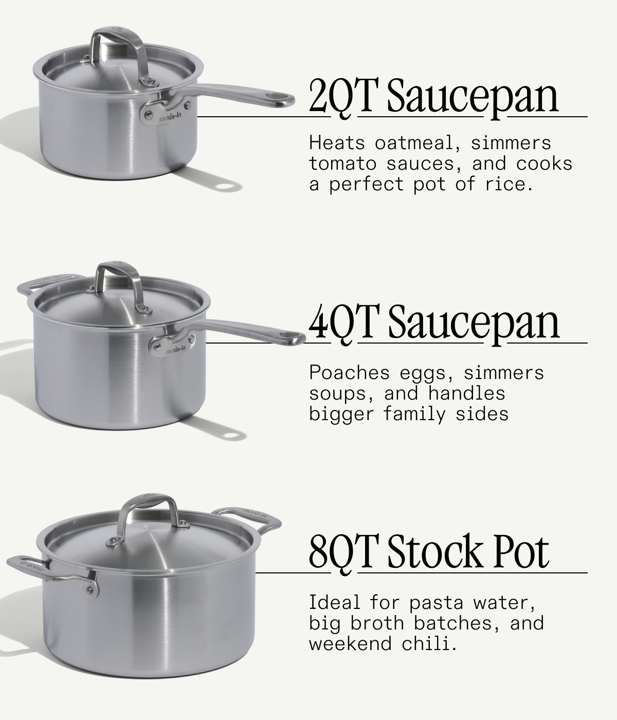2QT + 4QT Saucepans, 8QT Stock Pot