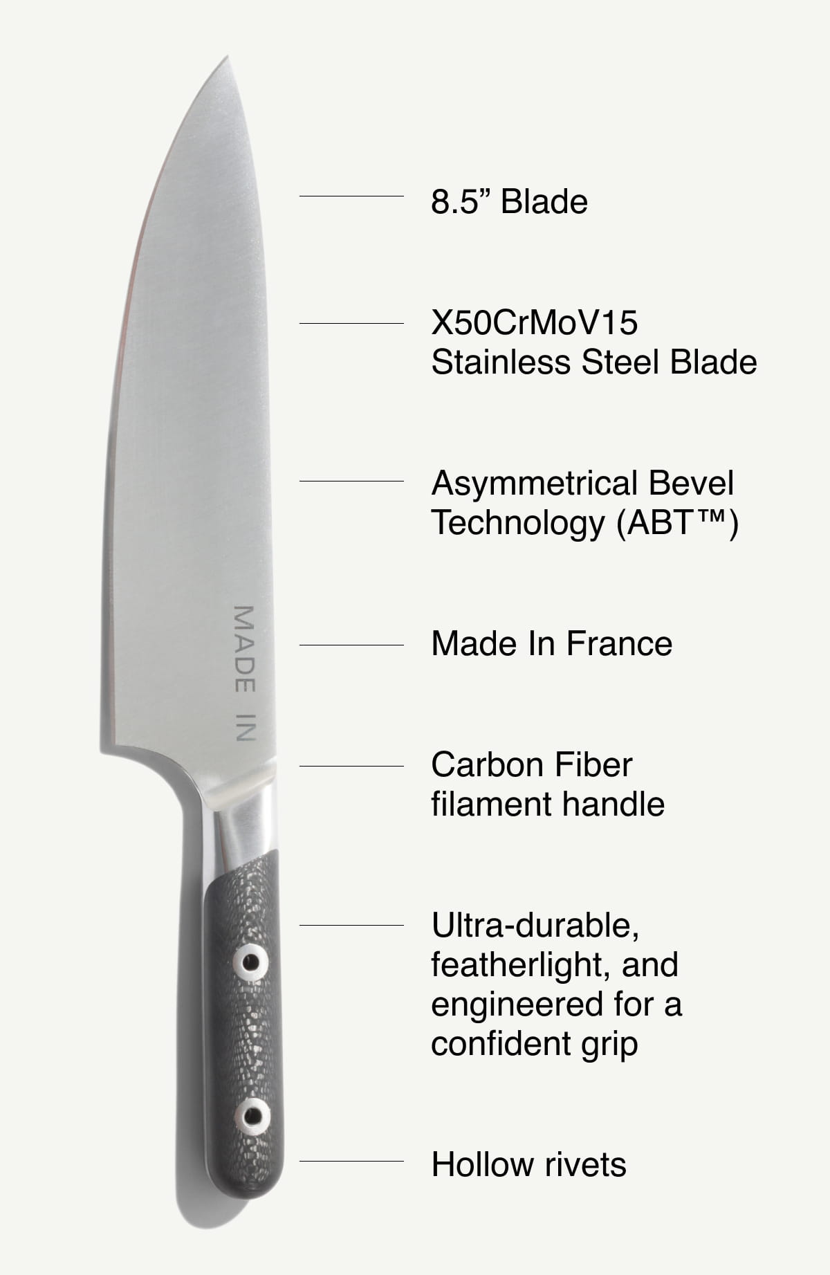8.5” Blade,  X50CrMoV15,  Stainless Steel Blade,  Asymmetrical Bevel Technology (ABT™),  Made In France,  Carbon Fiber,  filament handle,  Ultra-durable, featherlight, and engineered for a confident grip,  Hollow rivets