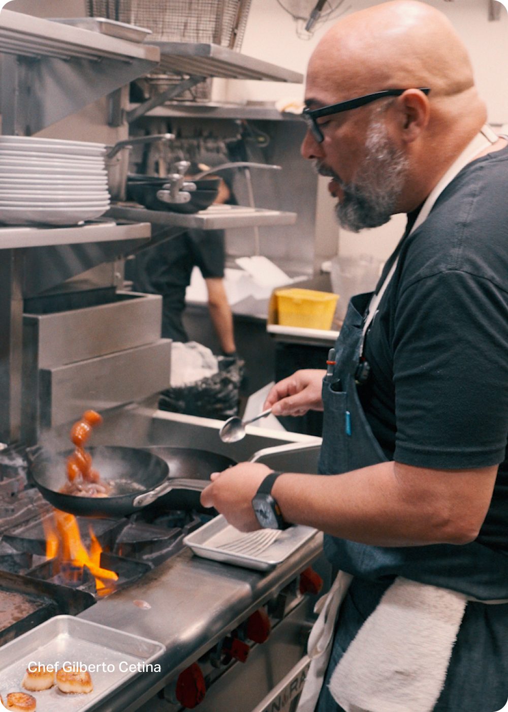 Chef Gilberto Cetina cooking in the Holbox kitchen