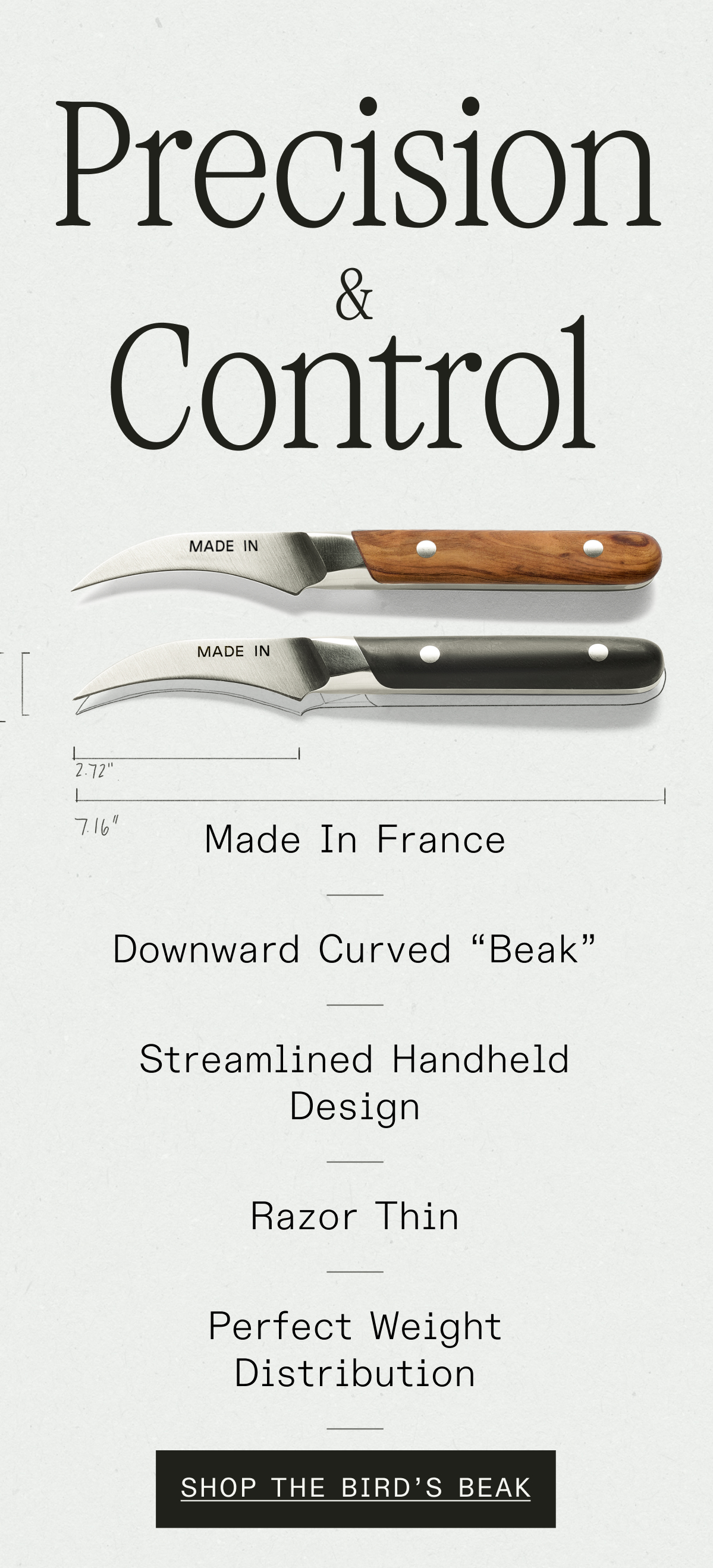 Stylized pictures of the Bird's Beak Knife, a close up of the blade, and the knife with garlic.