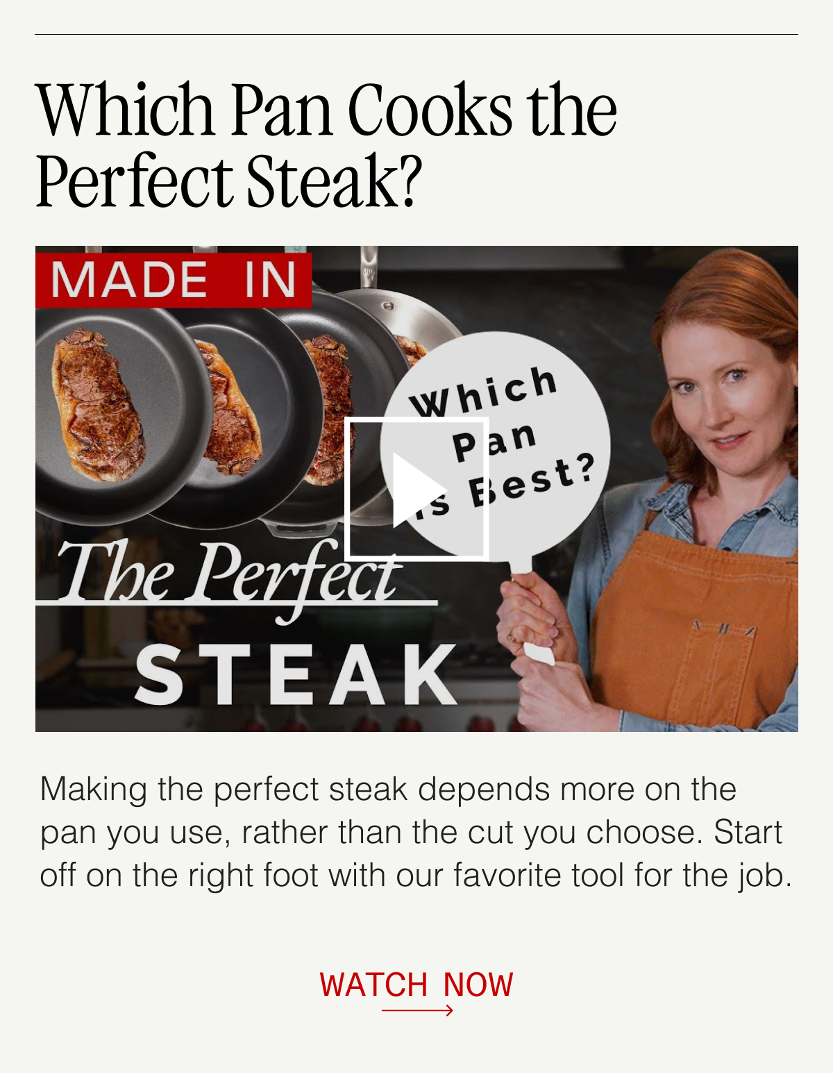 Which Pan Cooks the Perfect Steak? Making the perfect steak depends more on the pan you use, rather than the cut you choose. Start off on the right foot with our favorite tool for the job. WATCH NOW