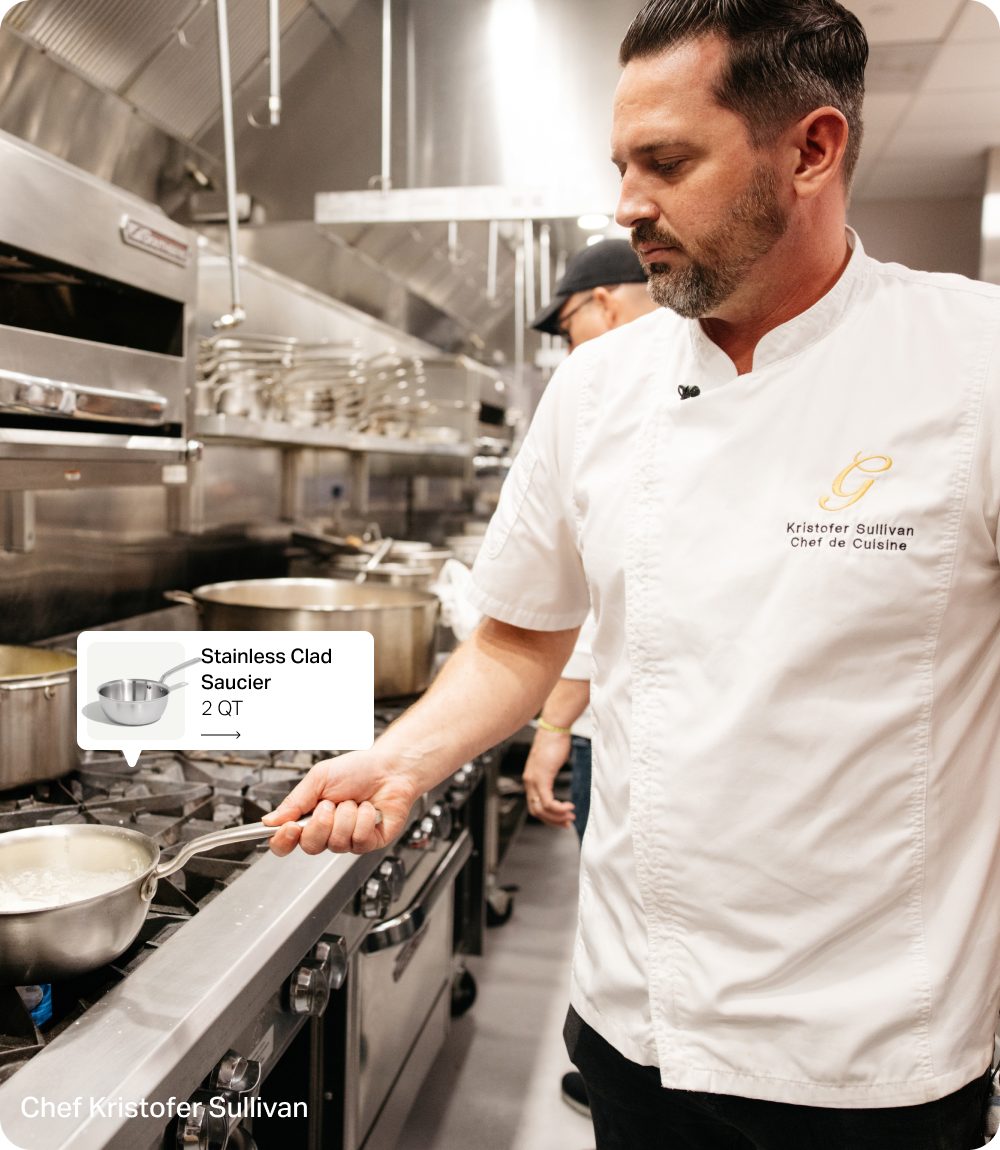 Chef Kristofer Sullivan in the Genevieve's kitchen with a Made In Stainless Clad Saucier