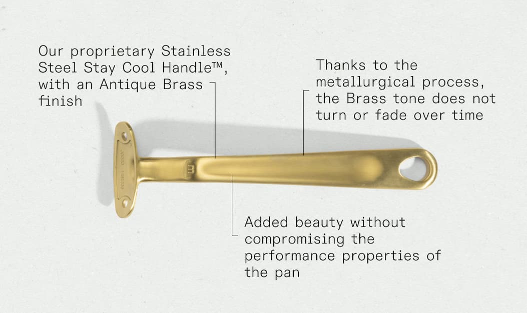 Our proprietary Stainless Steel Stay Cool Handle™,  with an Antique Brass finish -- Thanks to the metallurgical process, the Brass tone does not turn or fade over time -- Added beauty without compromising the performance properties of the pan Our proprietary Stainless Steel Stay Cool Handle™,  with an Antique Brass finish -- Thanks to the metallurgical process, the Brass tone does not turn or fade over time -- Added beauty without compromising the performance properties of the pan