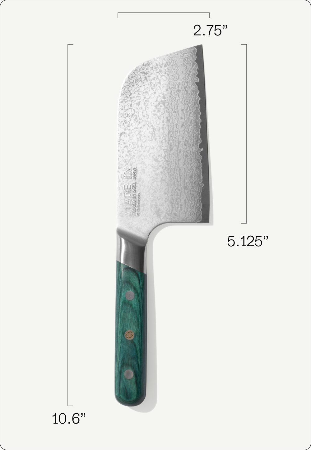 Kamagata knife dimensions: 2.75 inch blade width, 5.125 inch blade length, 10.6 inch total length