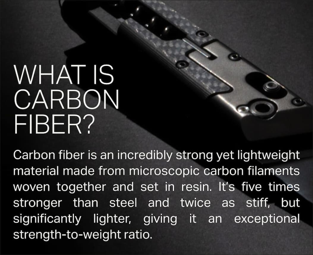What is Carbon Fiber? Carbon fiber is an incredibly strong yet lightweight material made from microscopic carbon filaments woven together and set in resin. It's five times stronger than steel and twice as stiff, but significantly lighter, giving it an exceptional strength-to-weight ratio.