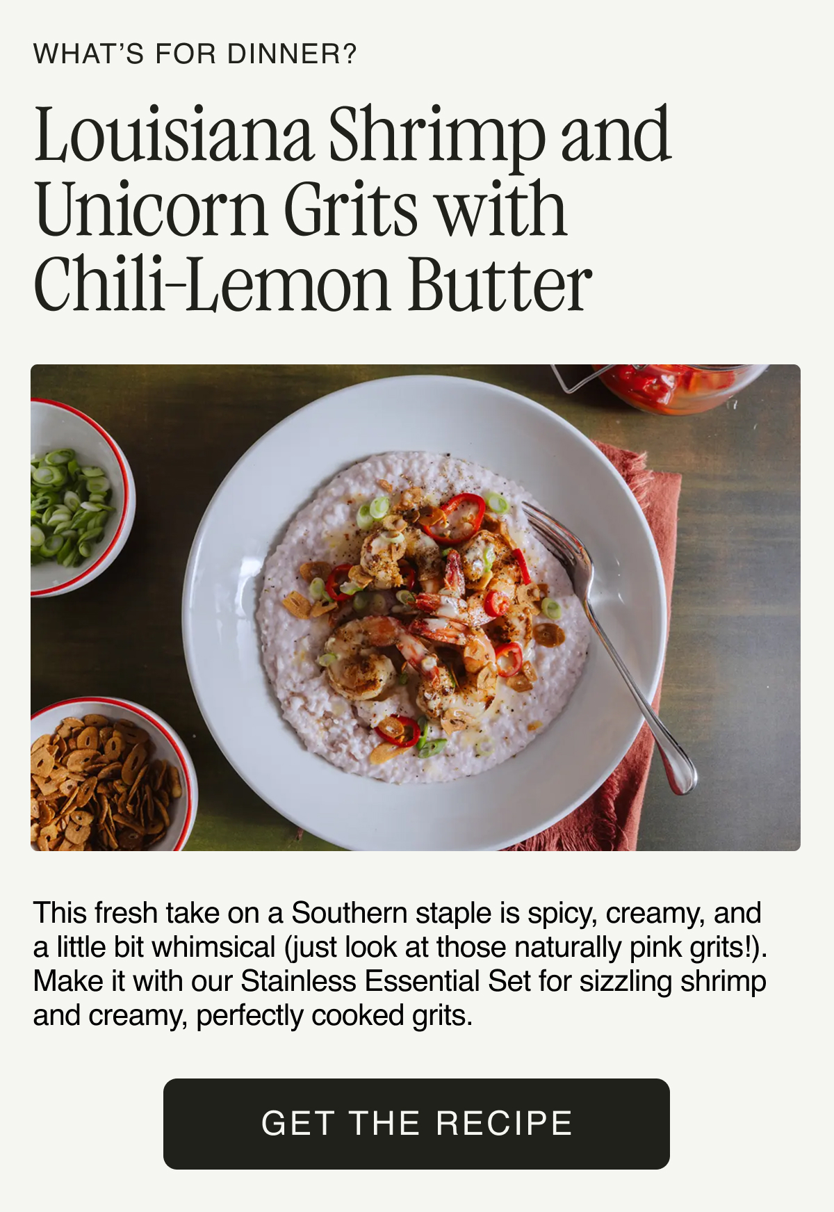 Lousiana Shrimp and Unicorn Grits with Chili-Lemon Butter