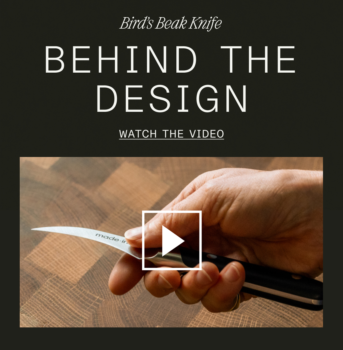 Stylized pictures of the Bird's Beak Knife, a close up of the blade, and the knife with garlic.