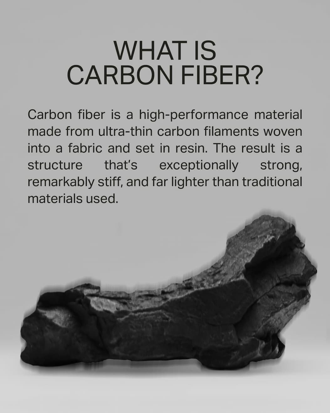 what is carbon fiber? Carbon fiber is a high-performance material made from ultra-thin carbon filaments woven into a fabric and set in resin. The result is a structure that's exceptionally strong, remarkably stiff, and far lighter than traditional materials used.