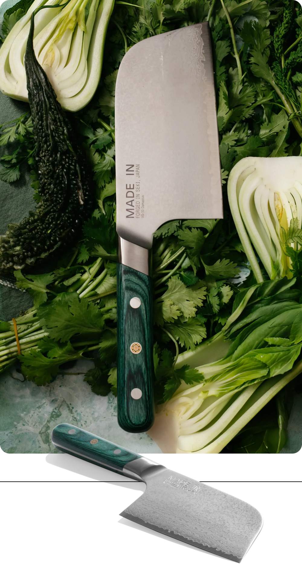 Kamagata cleaver knife with green Pakkawood handle resting on fresh greens