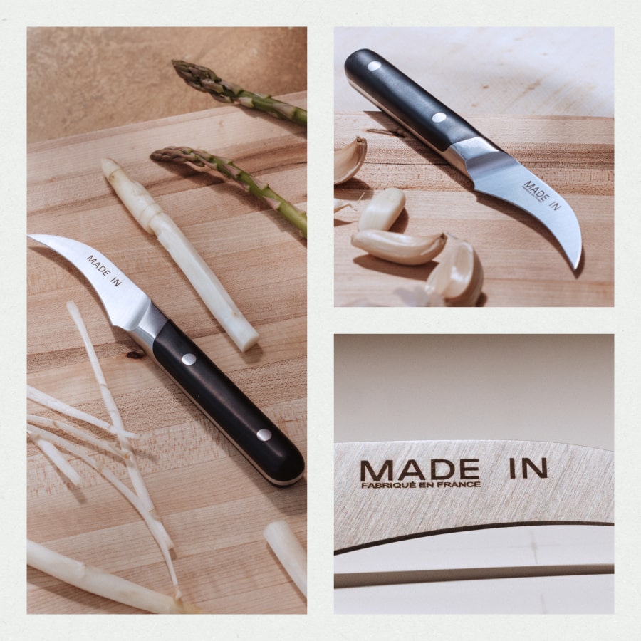 Stylized pictures of the Bird's Beak Knife, a close up of the blade, and the knife with garlic.