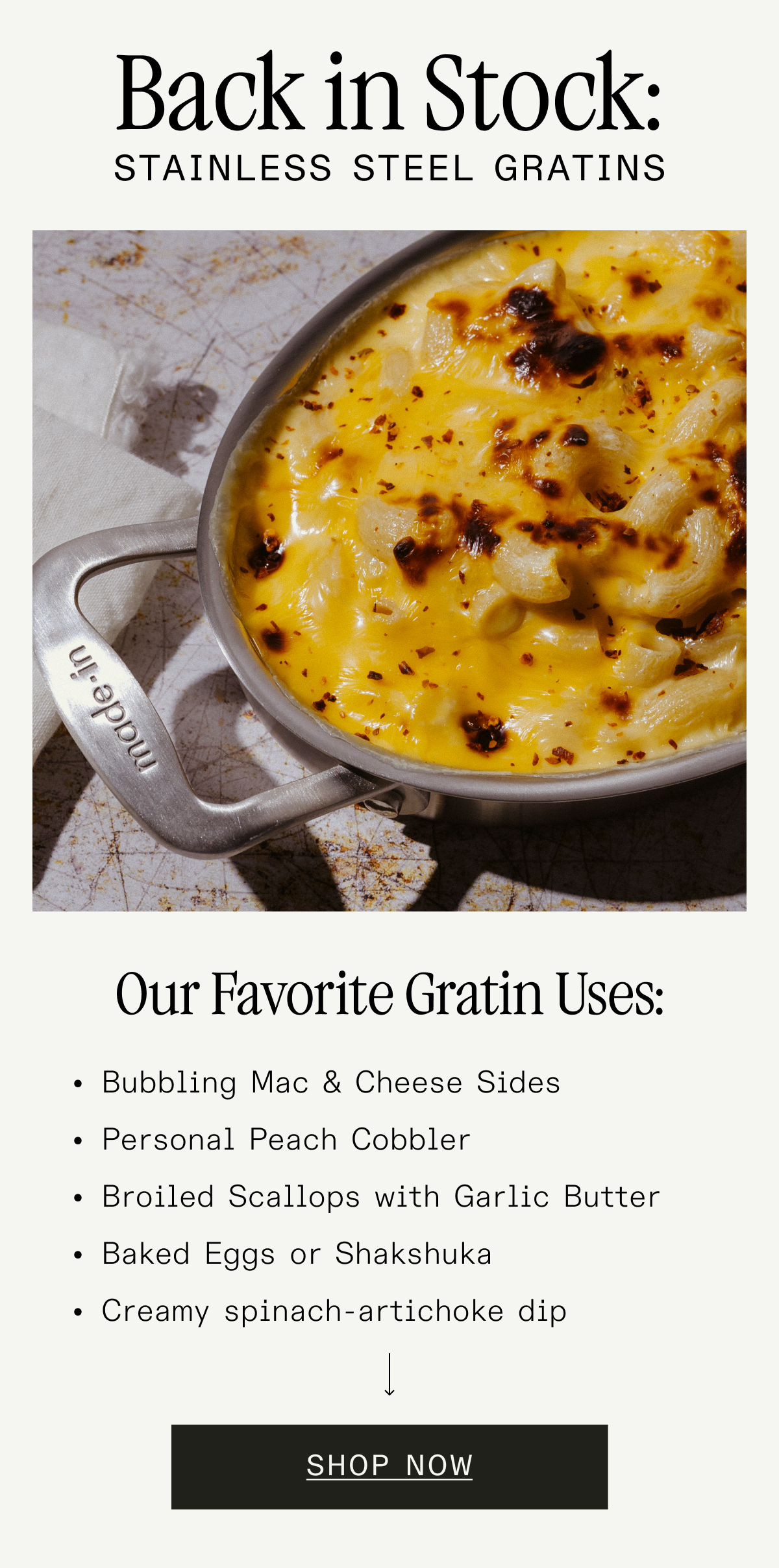 BACK IN STOCK: STAINLESS STEEL GRATINS - SHOP NOW