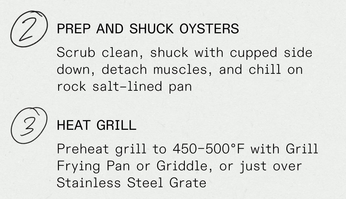 Prep and shuck oysters: Scrub clean, shuck with cupped side down, detach muscles, and chill on rock salt–lined pan. 3. Heat Grill: Preheat grill to 450–500°F with Grill Frying Pan or Griddle, or just over Stainless Steel Grate 