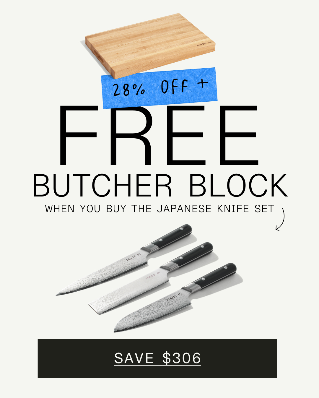 28% off+. Free Butcher Block When You Buy the Japanese Knife Set. SAVE $306