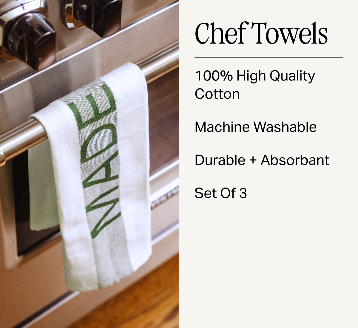 Chef Towels -- 100% High Quality Cotton, Machine washable, Durable + Absorbant, Set of 3