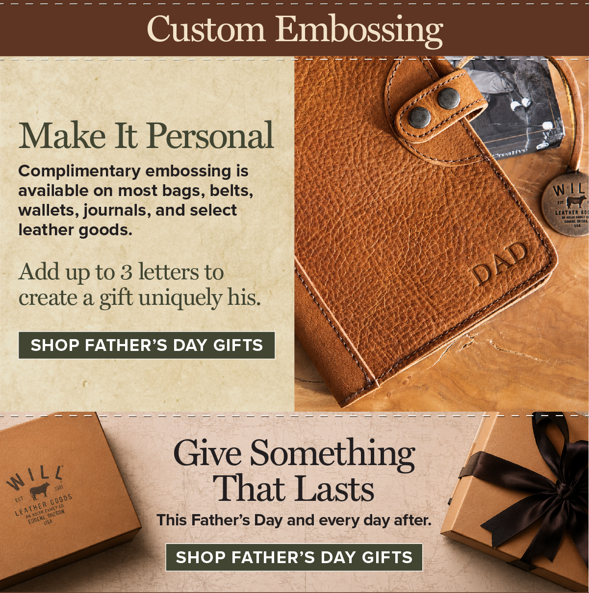 Embossing Header: Custom embossing section divider. Personalization: Leather good embossed with “DAD,” highlighting complimentary embossing on select gifts.