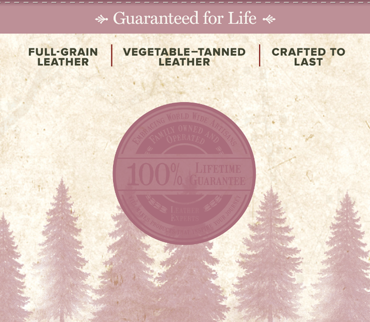 Guaranteed for Life FULL-GRAIN LEATHER | VEGETABLE-TANNED LEATHER | CRAFTED TO LAST (Seal: Embracing World Wide Artisans • Family Owned and Operated • 100% Lifetime Guarantee • Leather Experts • Will Makes Products That Inspire Your Journey)