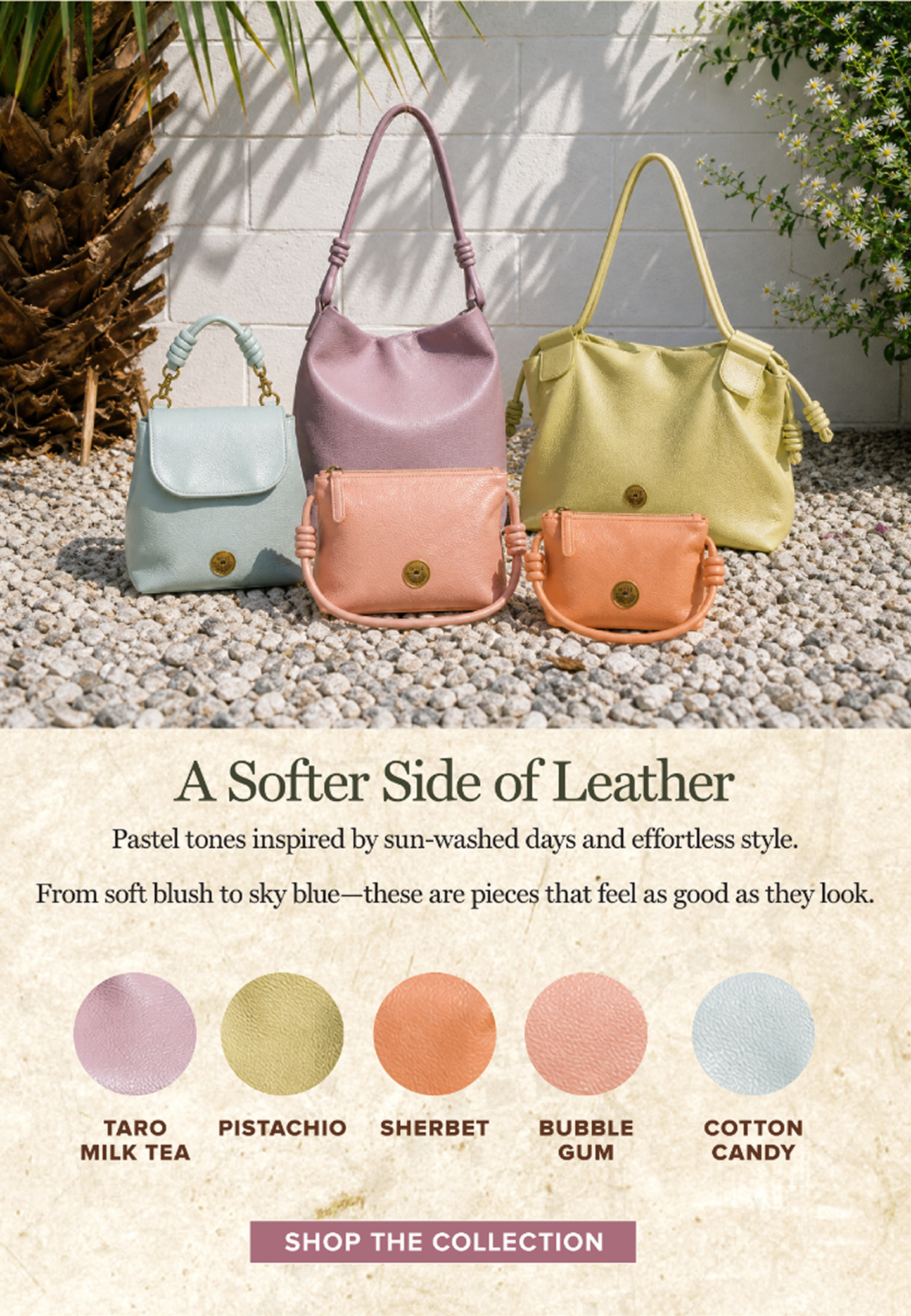 A Softer Side of Leather Pastel tones inspired by sun-washed days and effortless style. From soft blush to sky blue—these are pieces that feel as good as they look. TARO MILK TEA | PISTACHIO | SHERBET | BUBBLE GUM | COTTON CANDY SHOP THE COLLECTION