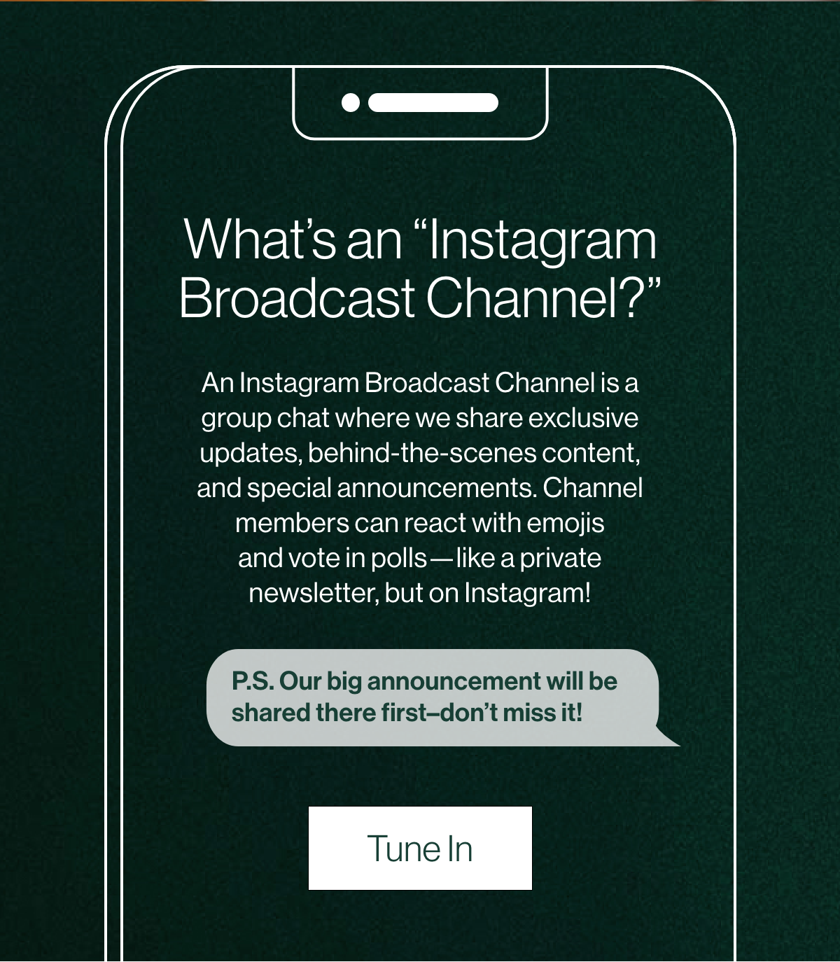 What's an Instagram Broadcast Channel? - An instagram broadcast Channel is a group chat where we share exclusive updates, behind-the-scenes content, and special announcements. Channel members can react with emojis and votes in polls - like a private newsletter, but on instagram!