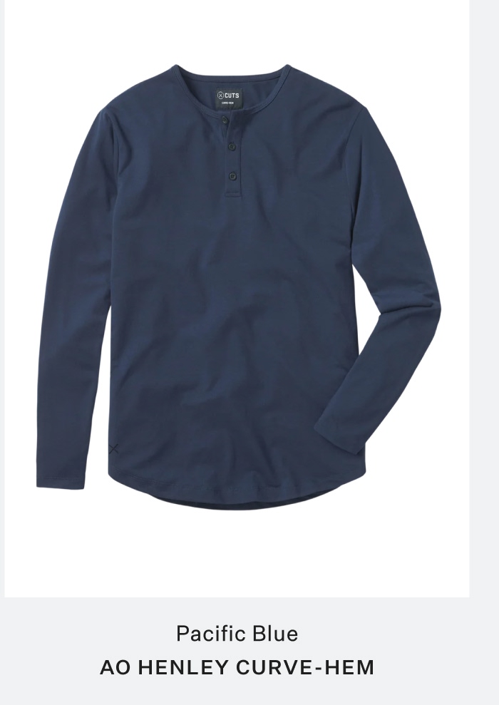 AO Long Sleeve Henley Curve-Hem -  Pacific Blue