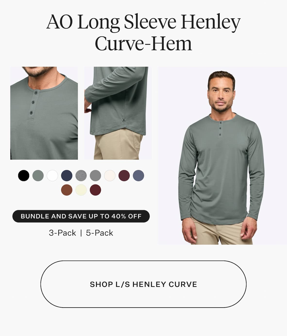 AO Long Sleeve Henley Curve-Hem
