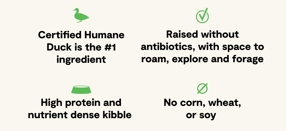 Certified Humane Duck; Raised without antibiotics; High protein and nutrient dense; No corn, wheat, or soy