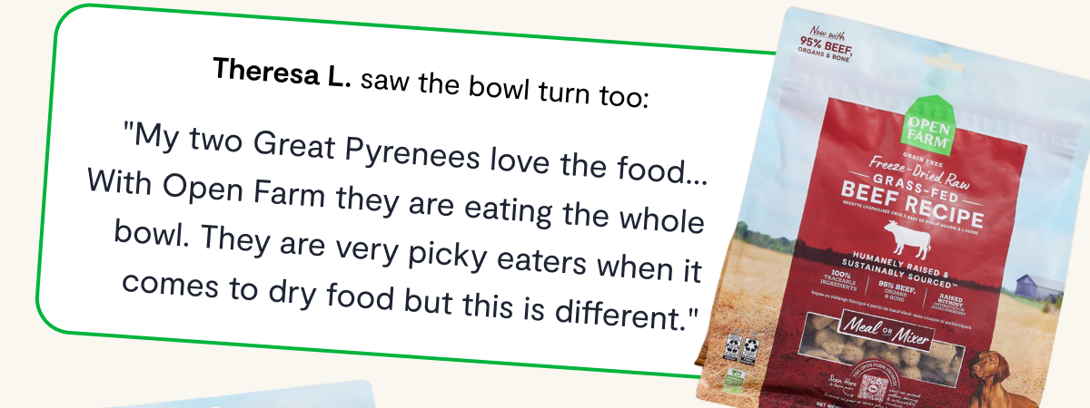  Theresa L. saw the bowl turn too: "My two Great Pyrenees love the food... With Open Farm they are eating the whole bowl. They are very picky eaters when it comes to dry food but this is different."