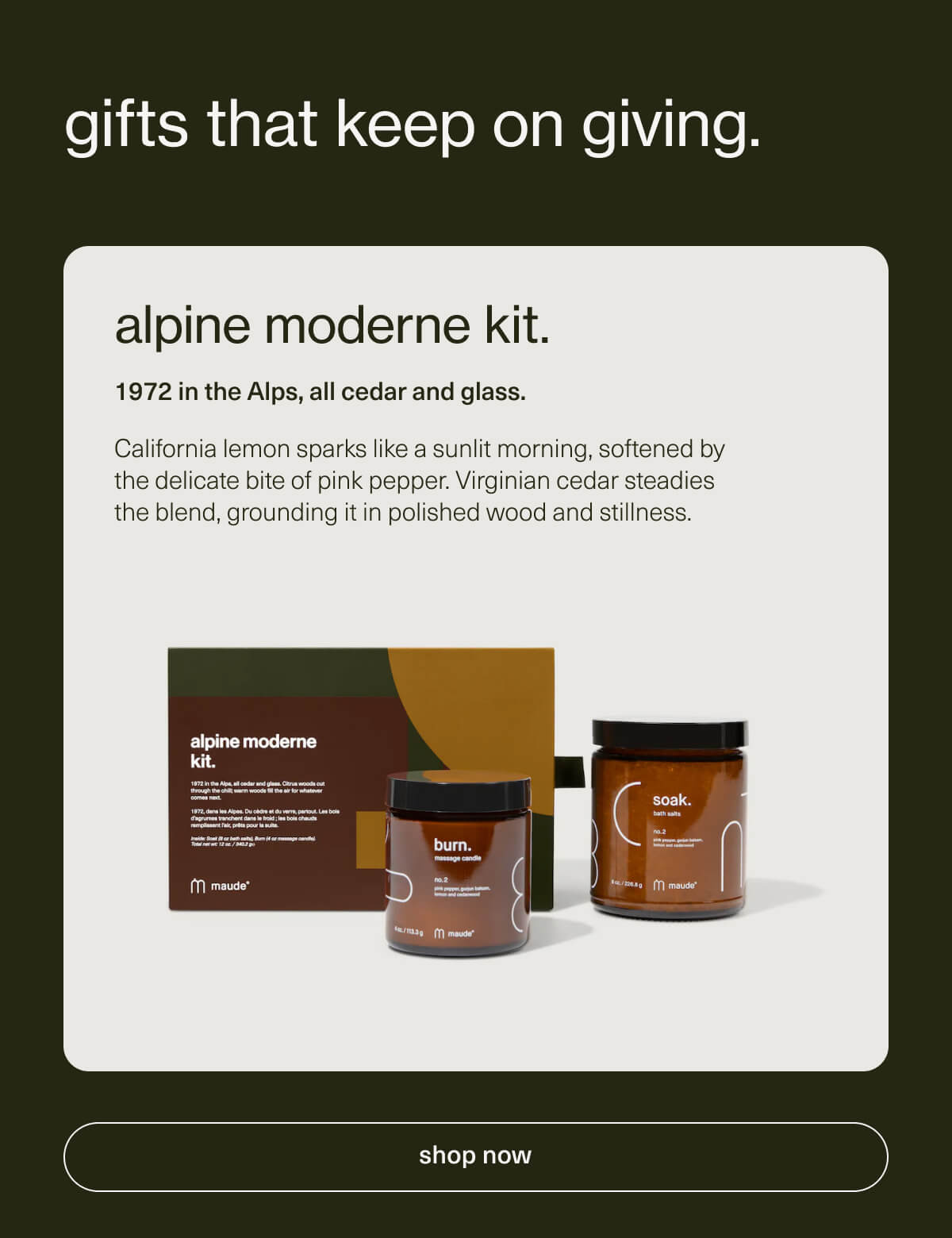 gifts that keep on giving. | alpine moderne kit. | 1972 in the Alps, all cedar and glass. | California lemon sparks like a sunlit morning, softened by the delicate bite of pink pepper. Virginian cedar steadies the blend, grounding it in polished wood and stillness. | [ shop now ]