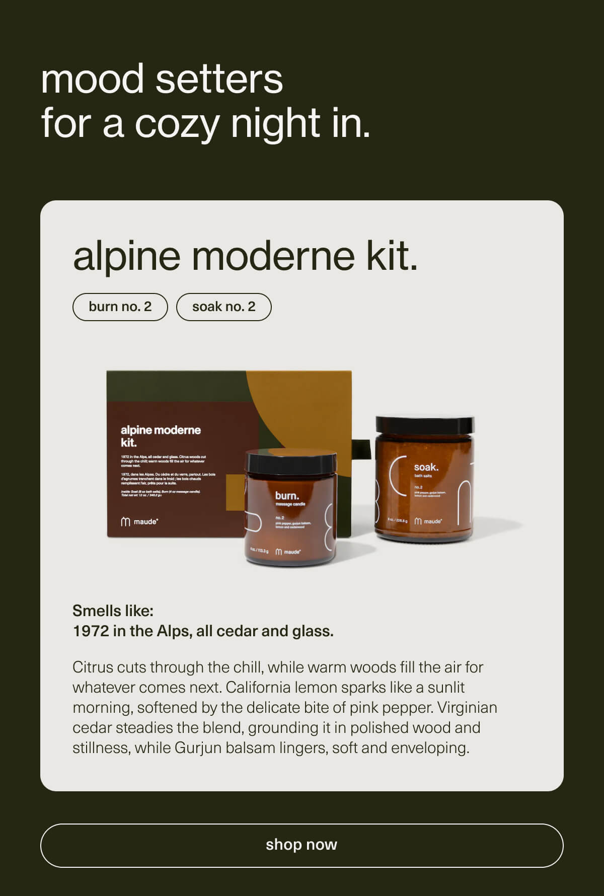 mood setters for a cozy night in. | alpine moderne kit. | burn no. 2 | soak no. 2 | Smells like: 1972 in the Alps, all cedar and glass. | Citrus cuts through the chill, while warm woods fill the air for whatever comes next. California lemon sparks like a sunlit morning, softened by the delicate bite of pink pepper. Virginian cedar steadies the blend, grounding it in polished wood and stillness, while Gurjun balsam lingers, soft and enveloping. | [ shop now ]