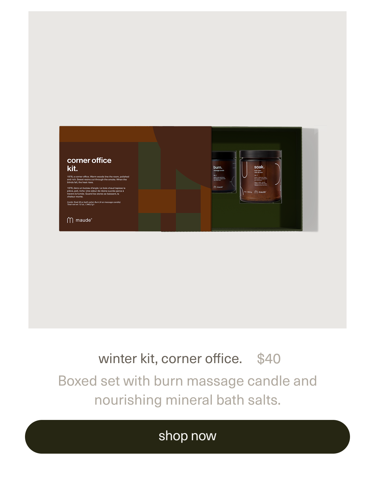 winter kit, alpine moderne. | $40 | Boxed set with burn massage candle and nourishing mineral bath salts. | shop alpine moderne.