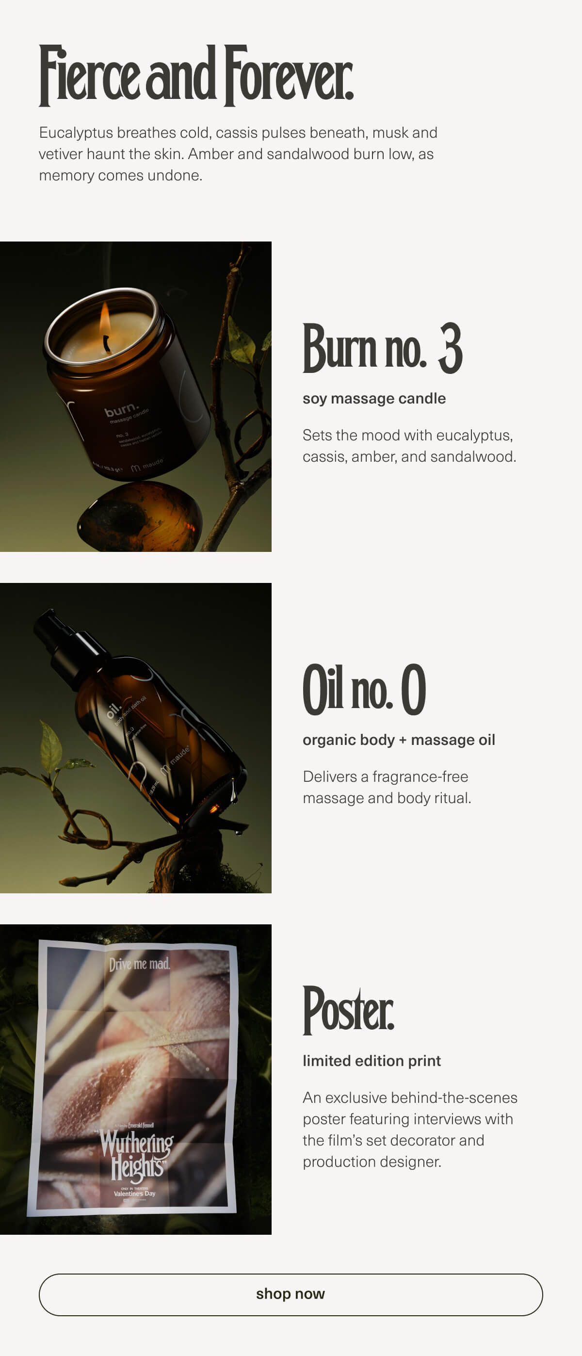 Fierce and Forever. | Eucalyptus breathes cold, cassis pulses beneath, musk and vetiver haunt the skin. Amber and sandalwood burn low, as memory comes undone. | Burn no. 3 | soy massage candle | Sets the mood with eucalyptus, cassis, amber, and sandalwood. | Oil no. 0 | organic body + massage oil Delivers a fragrance-free massage and body ritual. | Poster. | limited edition print | An exclusive behind-the-scenes poster featuring interviews with the film’s set decorator and production designer. | [ shop now ]