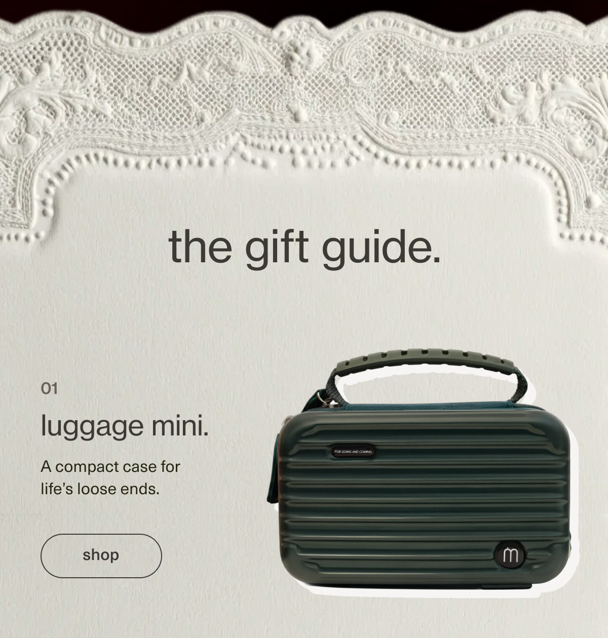 the gift guide. | luggage mini. | A compact case for life’s loose ends. | [ shop ]