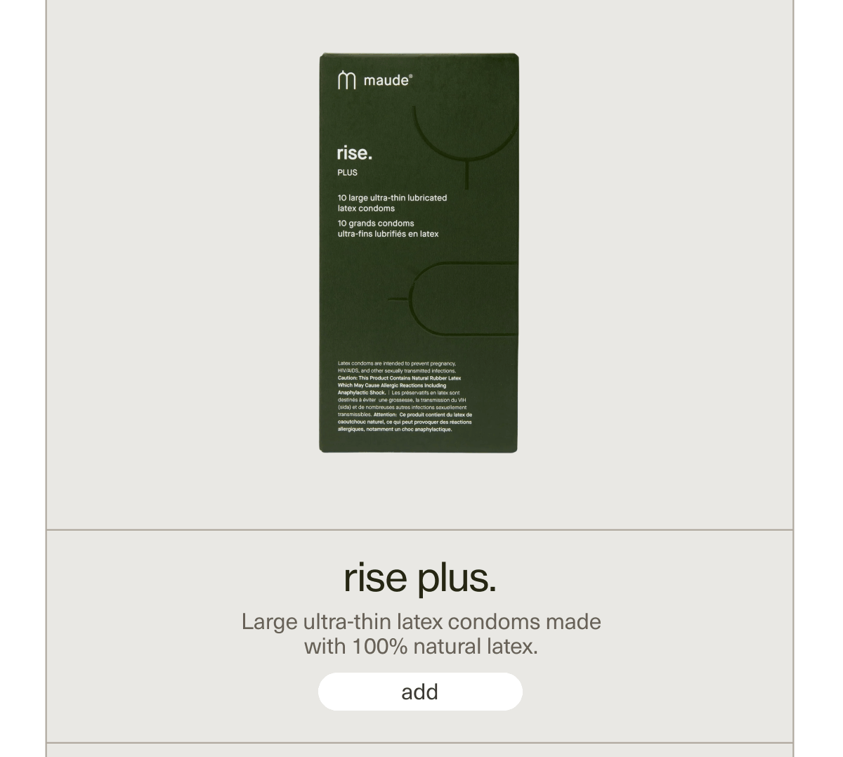 rise plus. | Large ultra-thin latex condoms made with 100% natural latex. | [ add ]